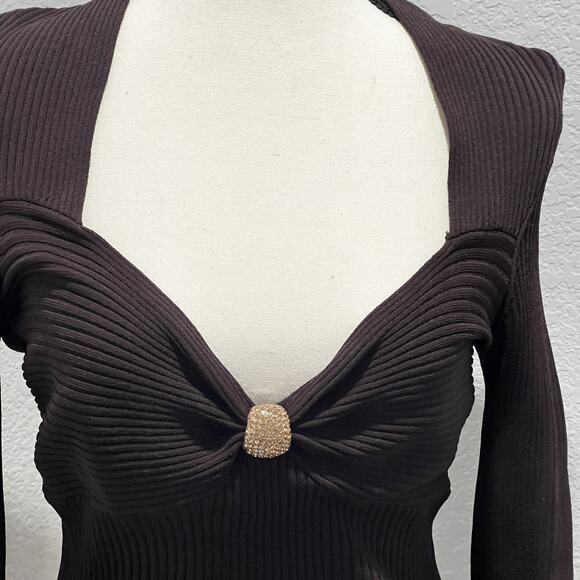Y2K Cache Brown Ribbed Sweetheart Top Stretchy Knit Rhinestones Size Large - Picture 2 of 9
